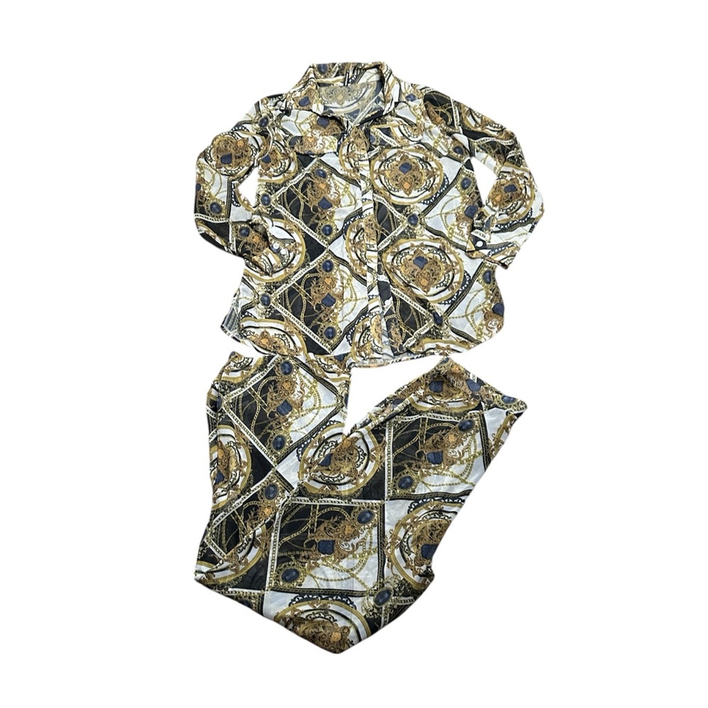 Pretty little things sheer Chain Print Button-Up Blouse - pant set size 6